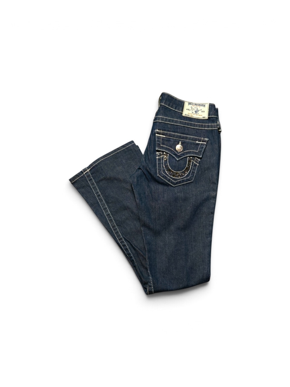 True Religion Joey Big T Crystal Low Rise Flare Jeans Dark Wash Size 26 Y2K
